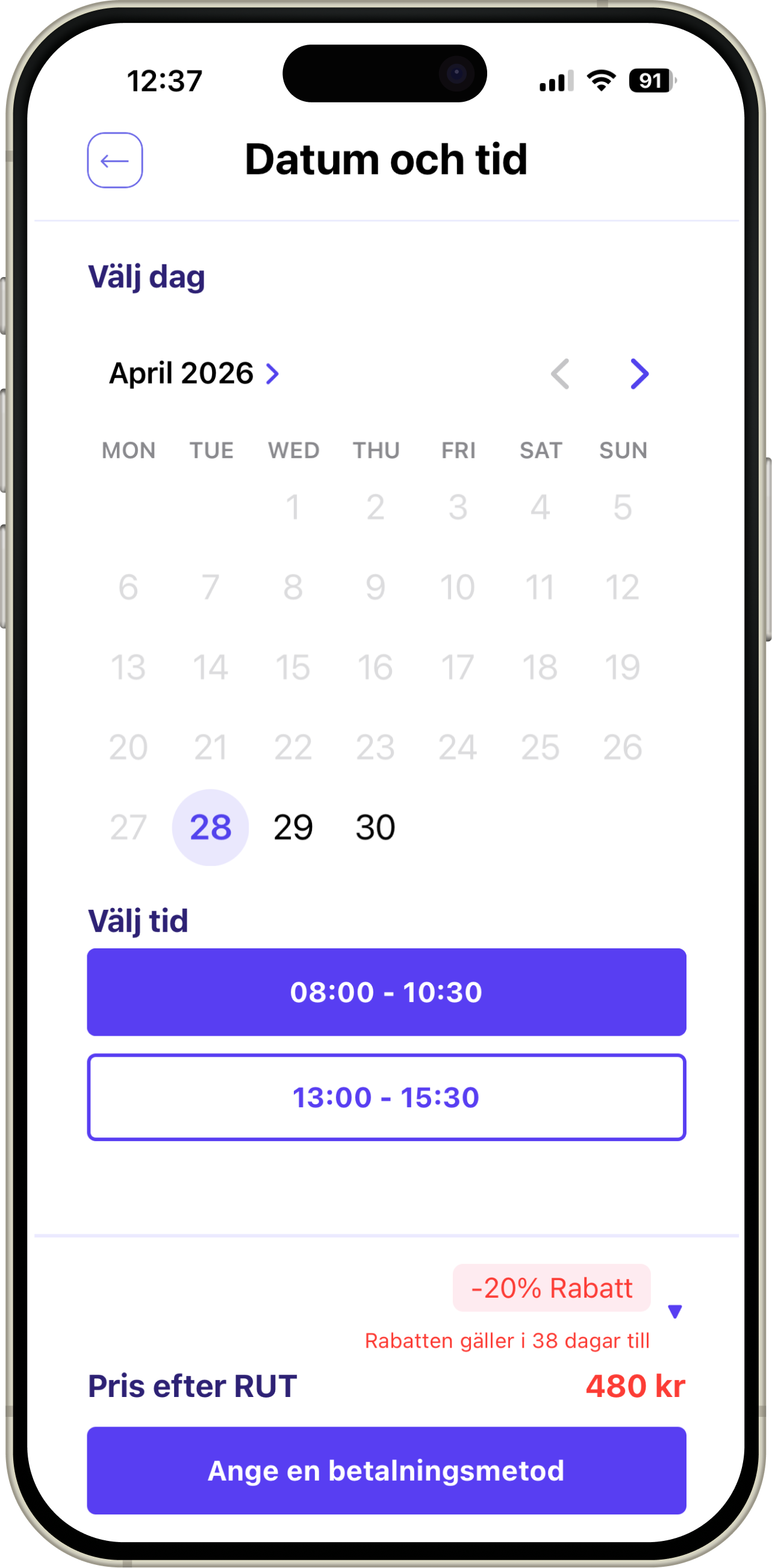 Cleenki app, välj datum och tid